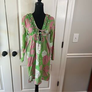 Bag Lady Mudpie Linen Dress Women’s Sz S/M Swim Cover Up Long Sleeves Ruffles